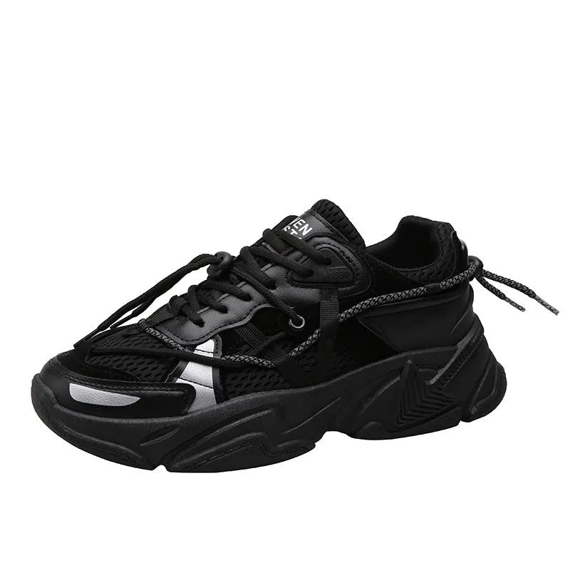 Men's white platform dad shoes with lace-up front on a neutral background.