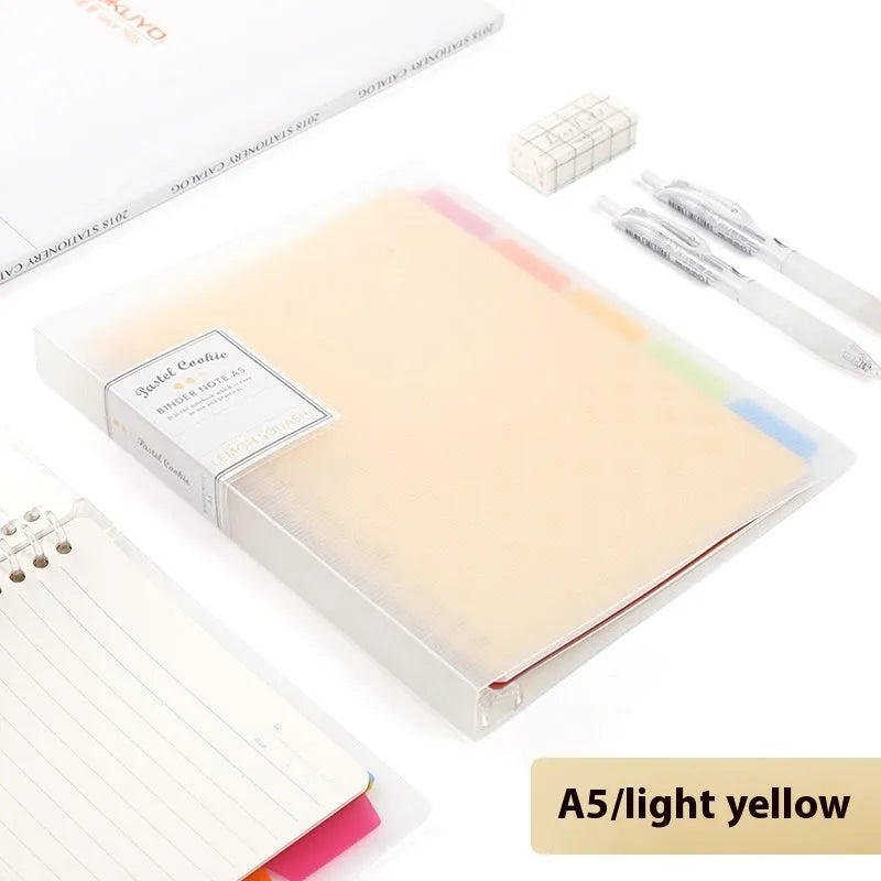 Refillable A5 and B5 spiral notebook with PP cover, shown in pastel cookie blue and plaid impression designs with loose-leaf paper.