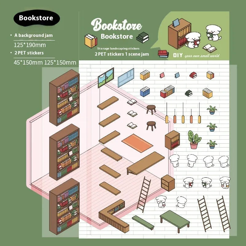 Capabala cartoon landscape 3D sticker sheet showing pre-cut self-adhesive shop scenes.