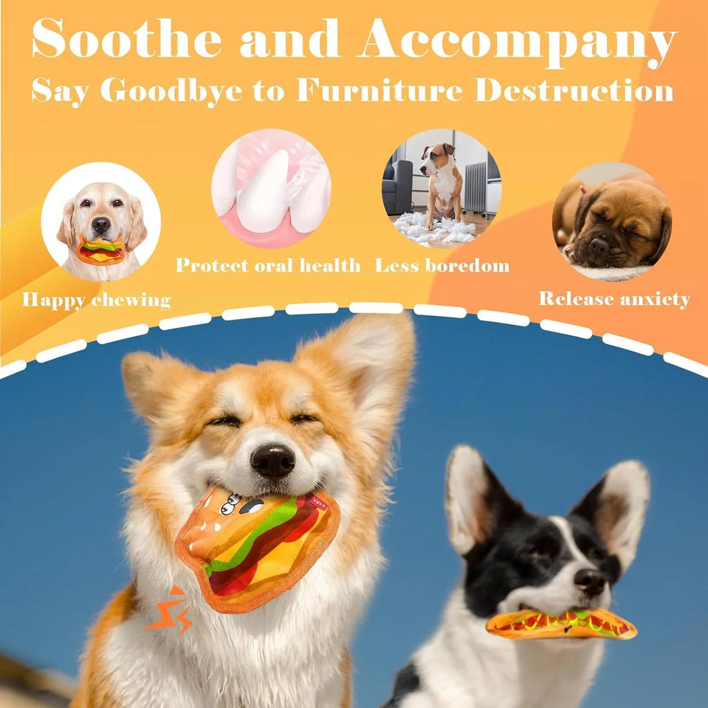 Food-shaped dog chew toys including a hamburger, fries, a hot dog, and a pizza, designed for interactive play with crinkle and squeak sounds.