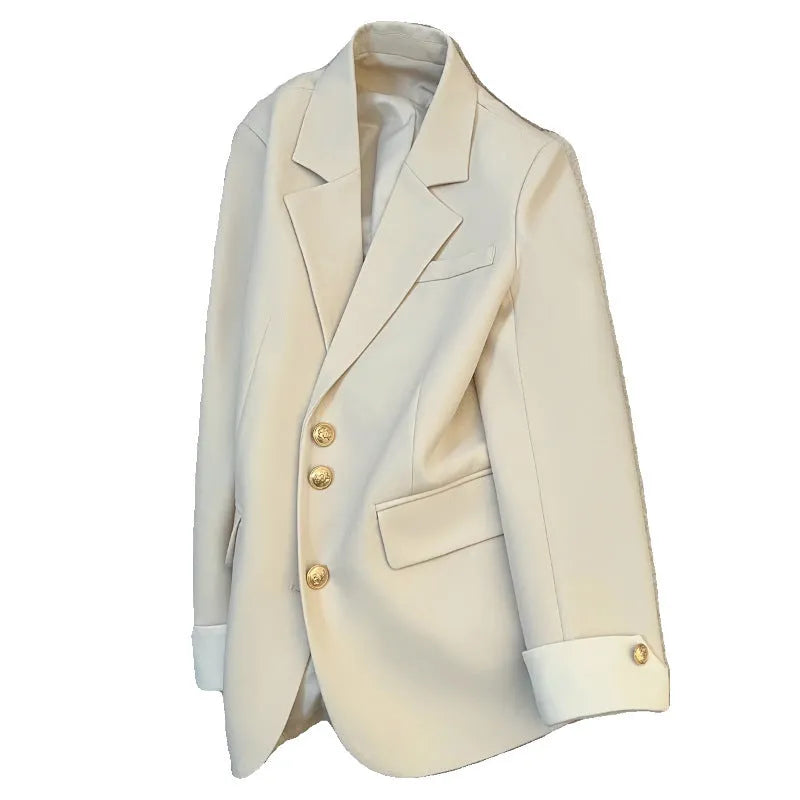 Korean style women's loose fit trench coat in milky white with pockets and regular long sleeves