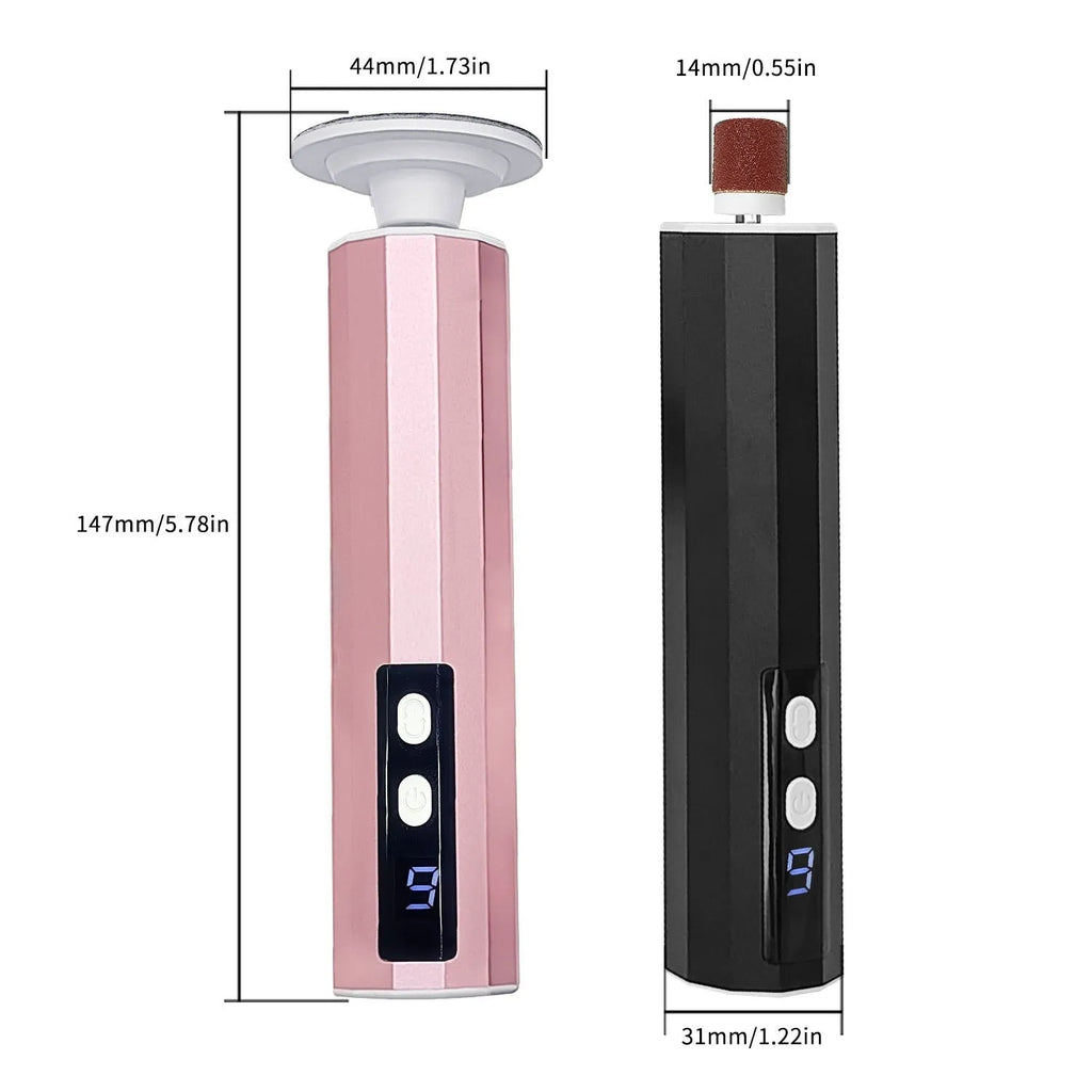 USB-powered sole nail trimmer and callus remover device in pink, black, or purple with grinding wheel accessories.