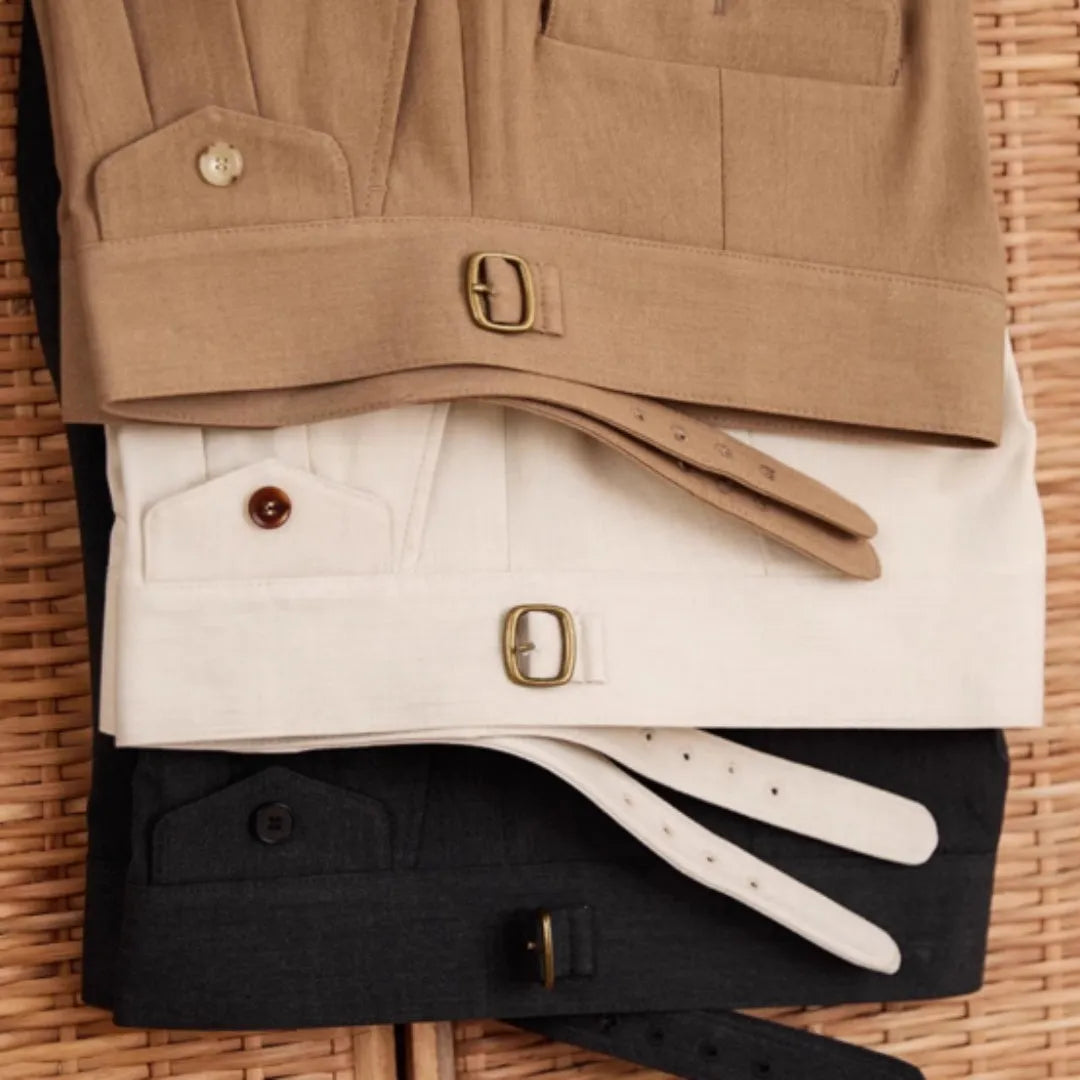 Men's slim fit straight leg business trousers in dark grey, light brown, and light apricot colours