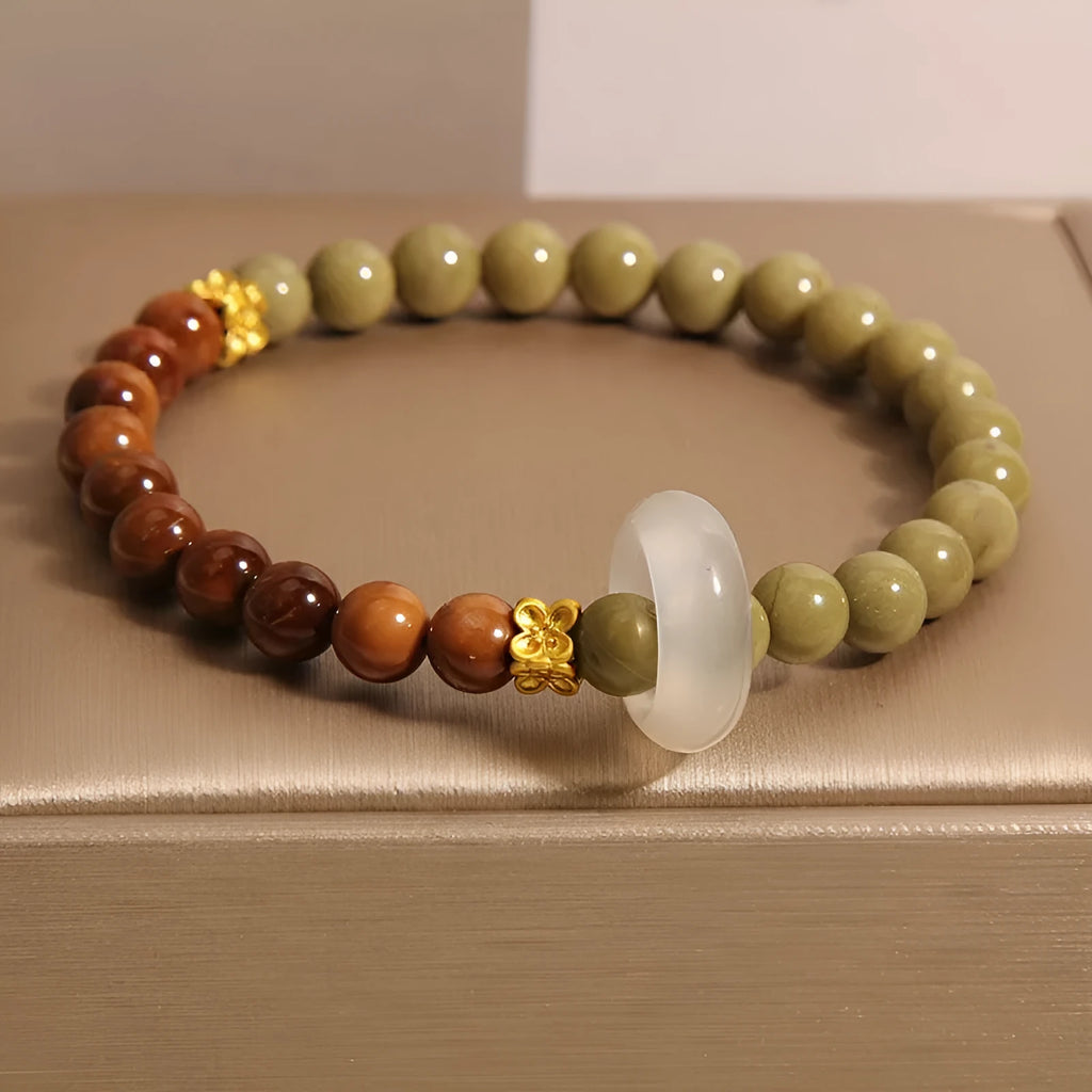 New Chinese style gradient green bracelet for women with mixed materials and electroplated crown and geometric design