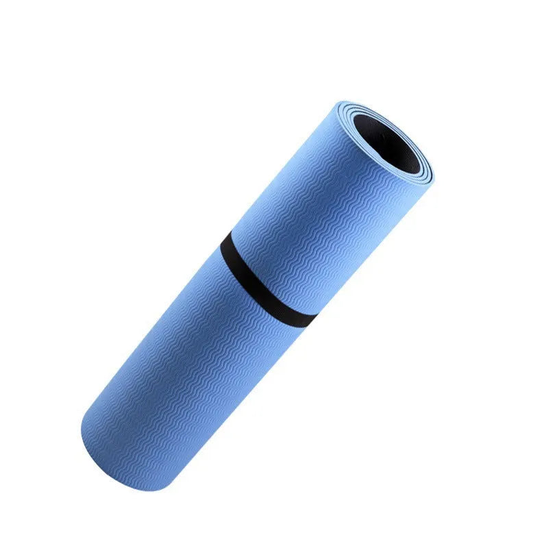 Blue conductive grounding yoga mat with plants pattern and integrated wire, 182cm long.