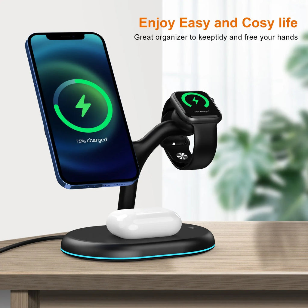 Black three-in-one magnetic wireless charging pad for smartphones and tablets.