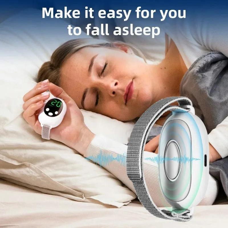 White handheld remote control sleep aid device with attached charging cable and wearable wrist bracelet.