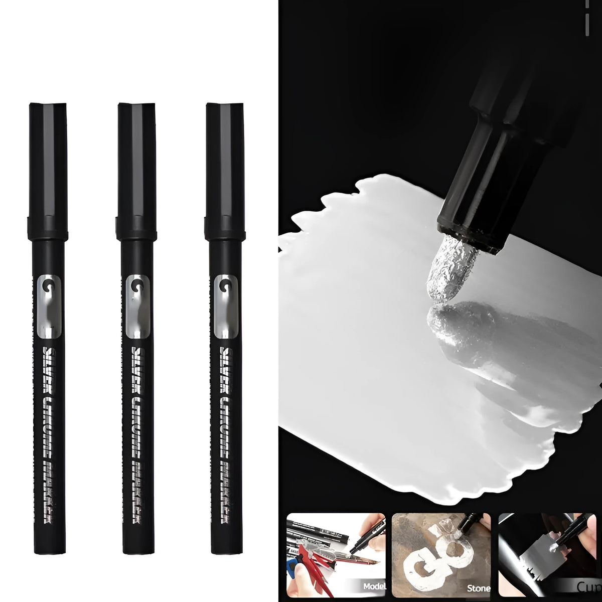 Waterproof mirror marker pen with black ink, shown with 1mm and 2mm tip size options.