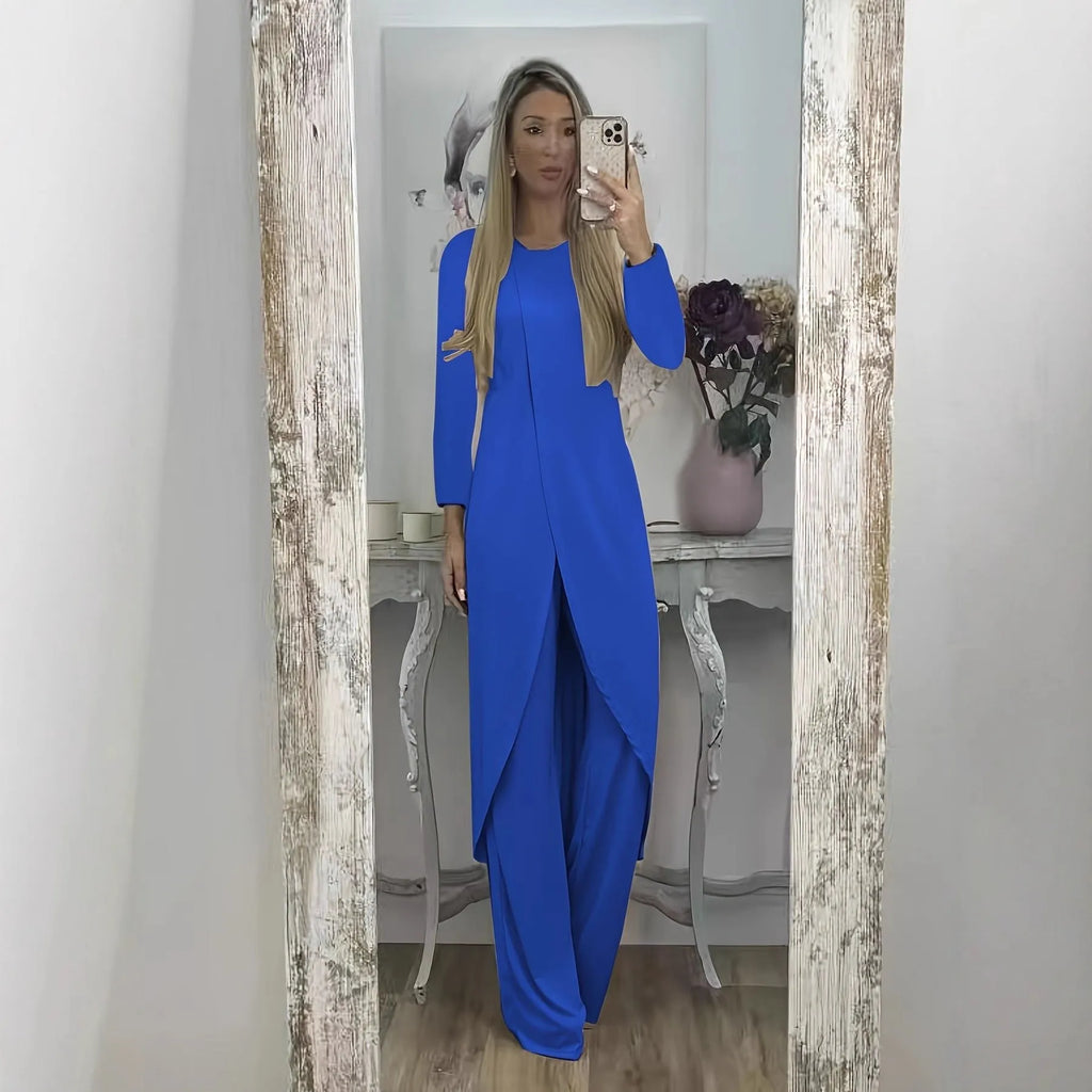 Long sleeve two-piece lounge set in black, blue, or khaki with loose round neck shirt and matching trousers