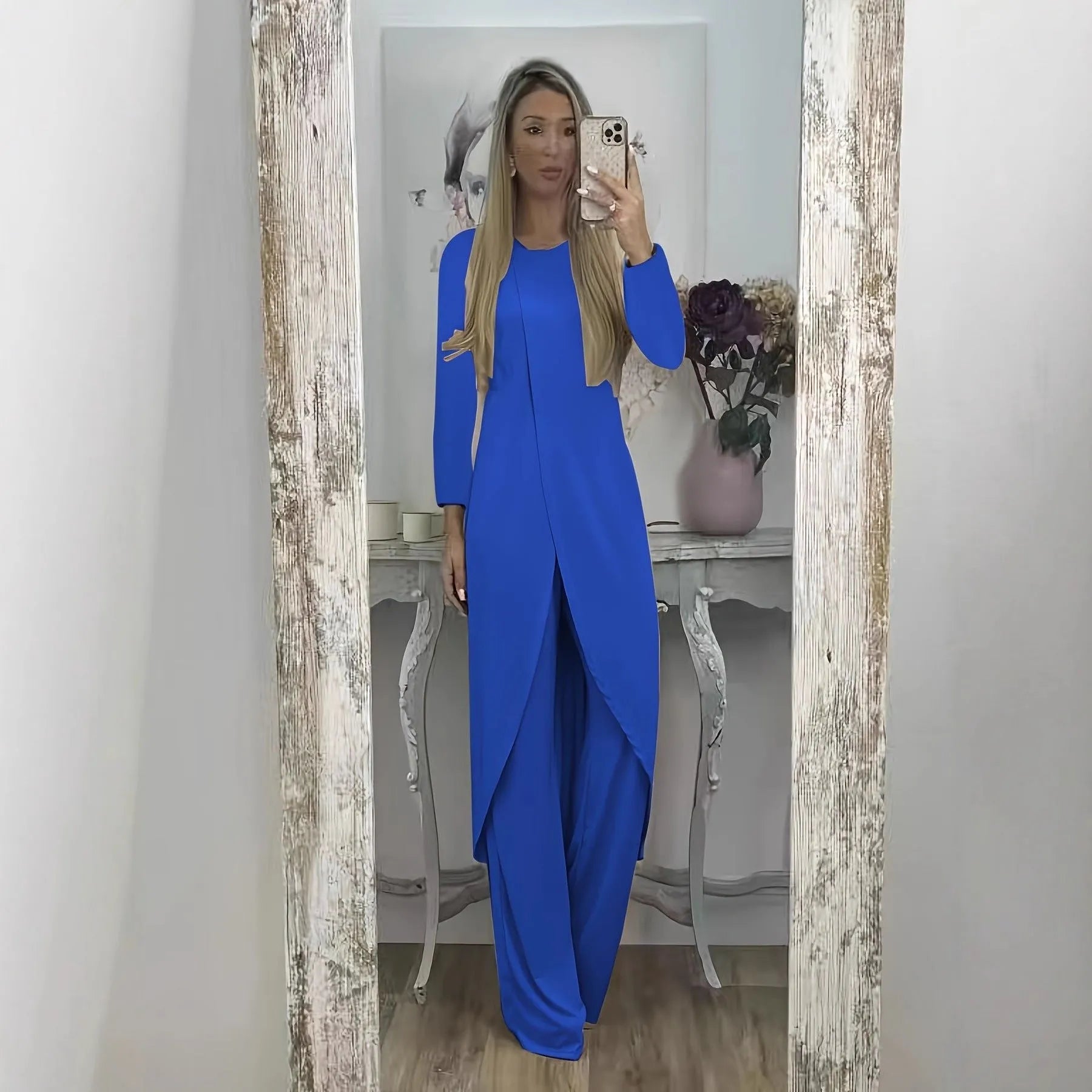 Long sleeve two-piece lounge set in black, blue, or khaki with loose round neck shirt and matching trousers