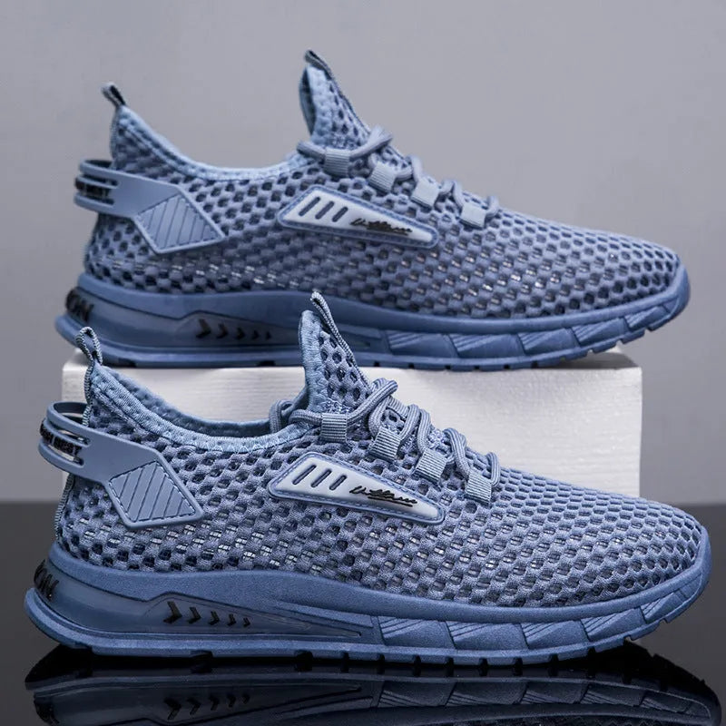 Men's beige mesh sneakers with synthetic leather upper and lace-up front