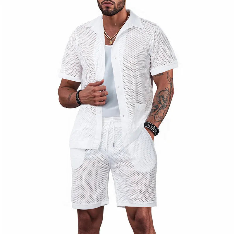 Lightweight beach cover-up cardigan and shorts set in see-through fabric for summer leisure wear