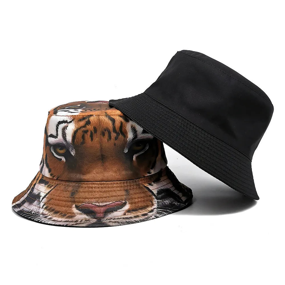 Tiger pattern bucket hat with dome crown in khaki or black colour options