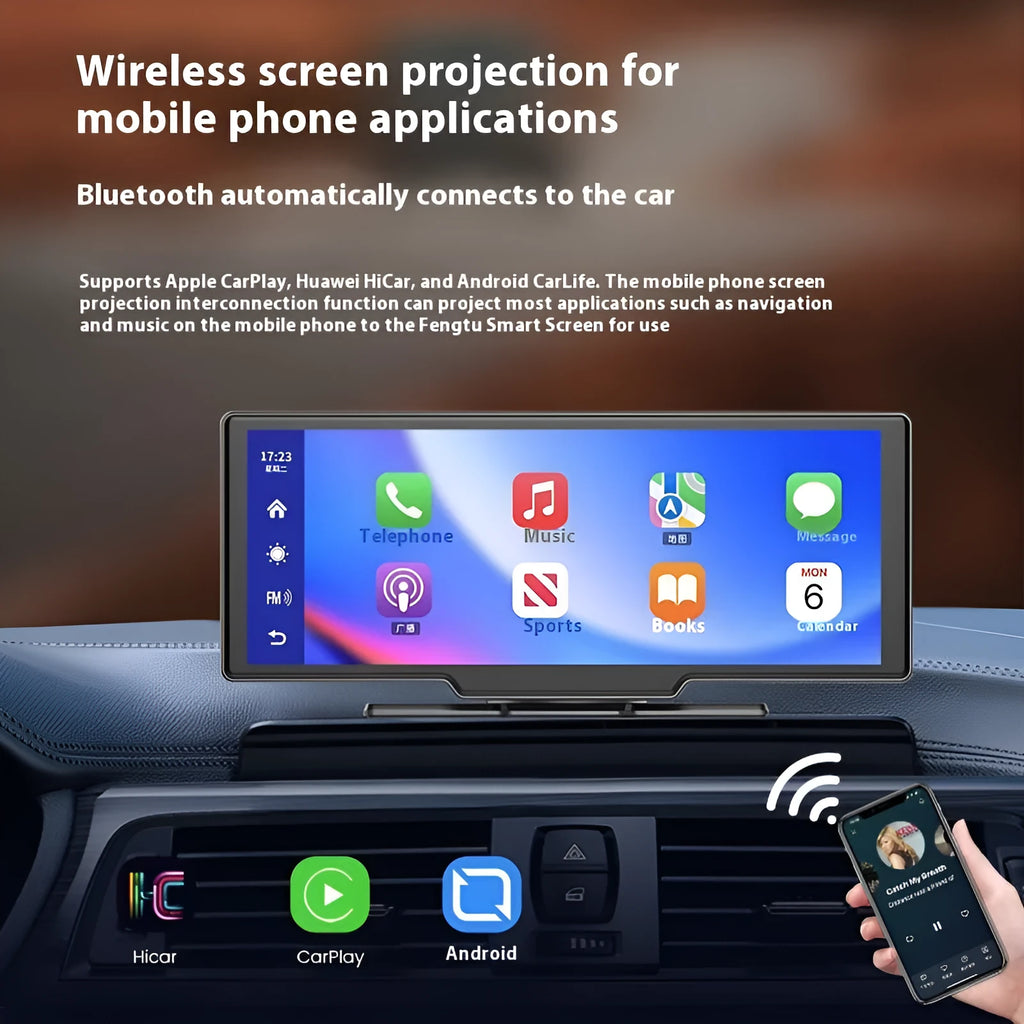 10-inch car smart screen with Carplay navigation and integrated front and rear driving recorder on a dashboard