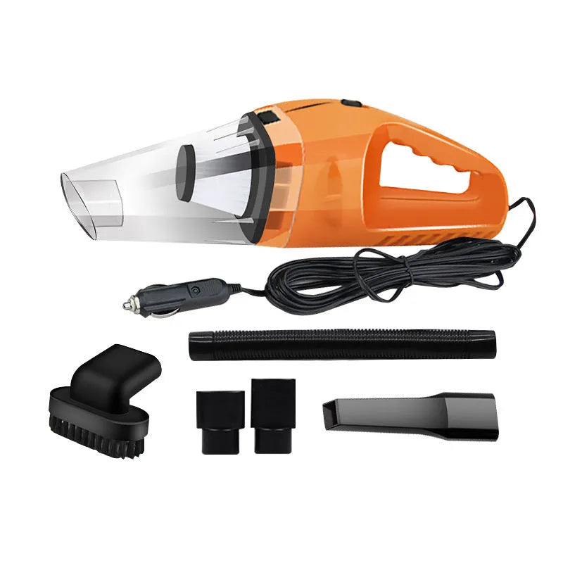 Orange 12V handheld car vacuum cleaner with nozzle and long power cord