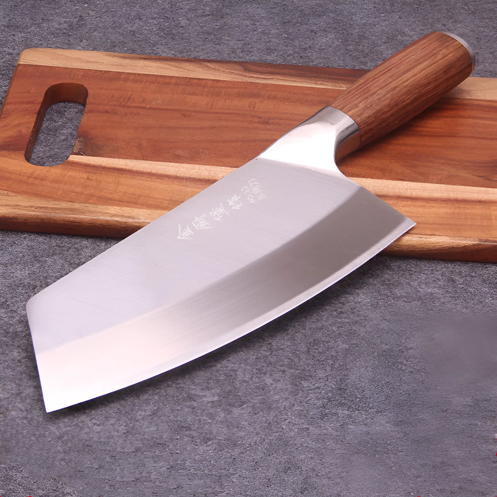 Stainless steel kitchen knife with yellow wooden handle and 19.8cm blade