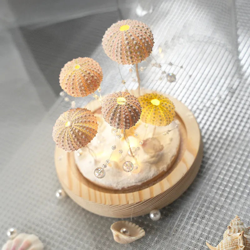 Handmade sea urchin shell jellyfish lamp with cylindrical glass cover and built-in battery, small night lamp