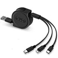 3 in 1 telescopic charging cable extended to show titanium alloy connectors and TPE wire body