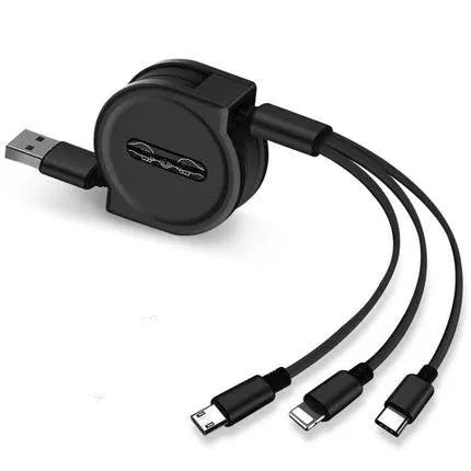 3 in 1 telescopic charging cable extended to show titanium alloy connectors and TPE wire body