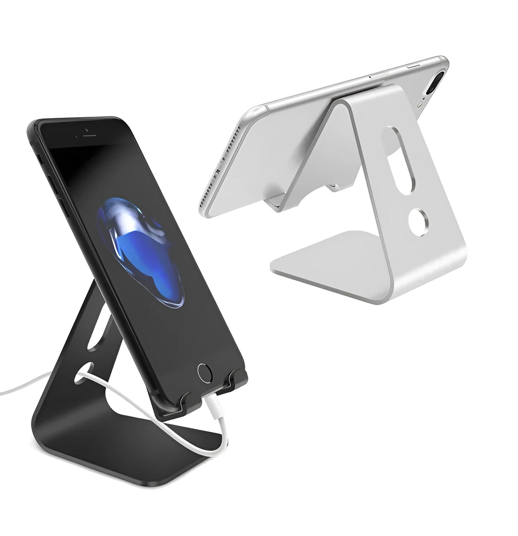 Metal aluminium alloy stand for phones and tablets in black, red, rose gold, and silver colours.