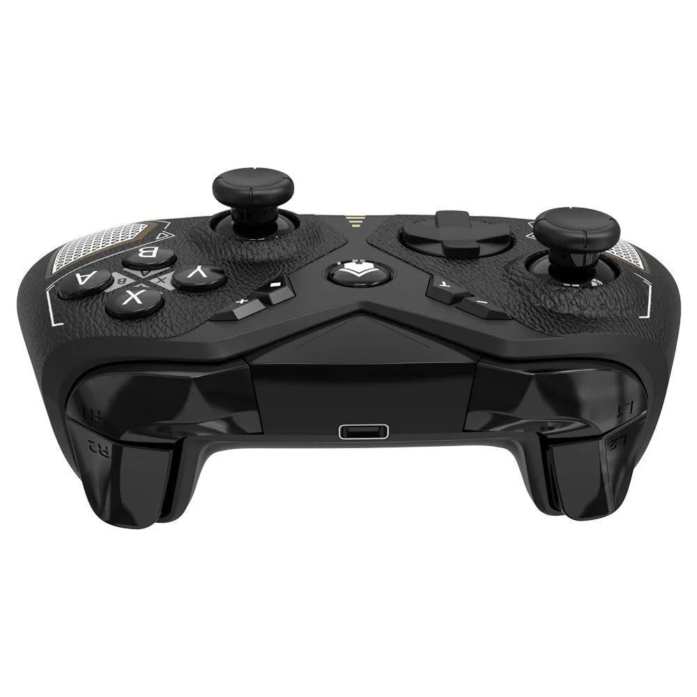 Black wireless game controller with leather-pattern grip for Nintendo Switch and PC.