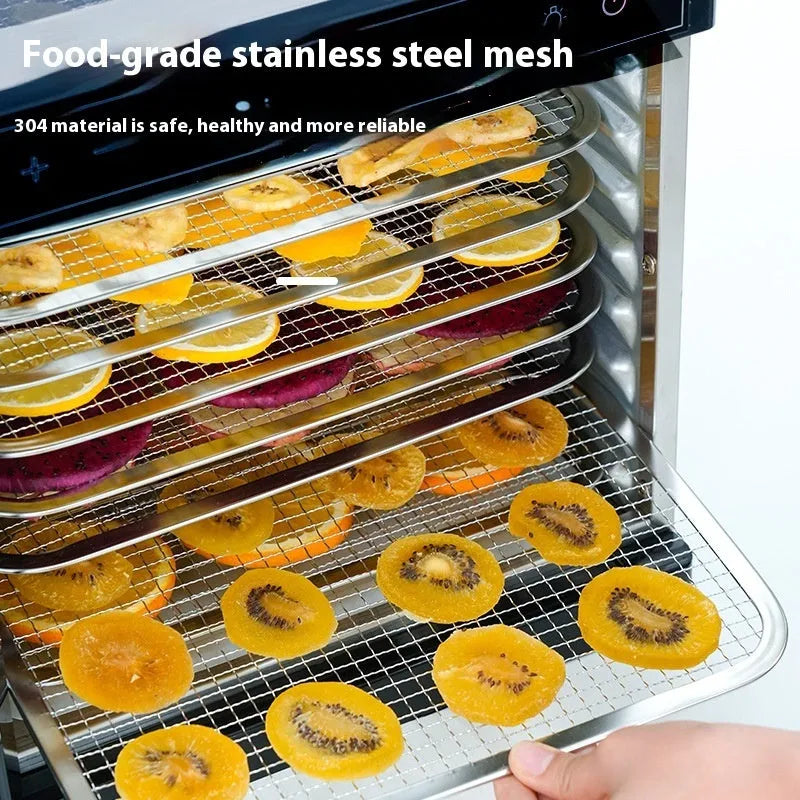 Stainless steel fruit dehydrator with visual skylight window showing drying trays inside