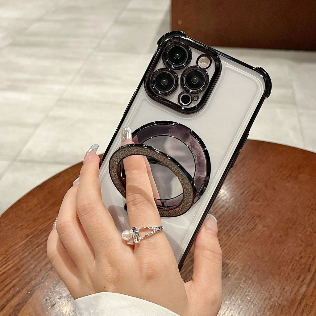 Shiny black glitter magnetic bracket phone case for iPhone with electroplated mirror finish