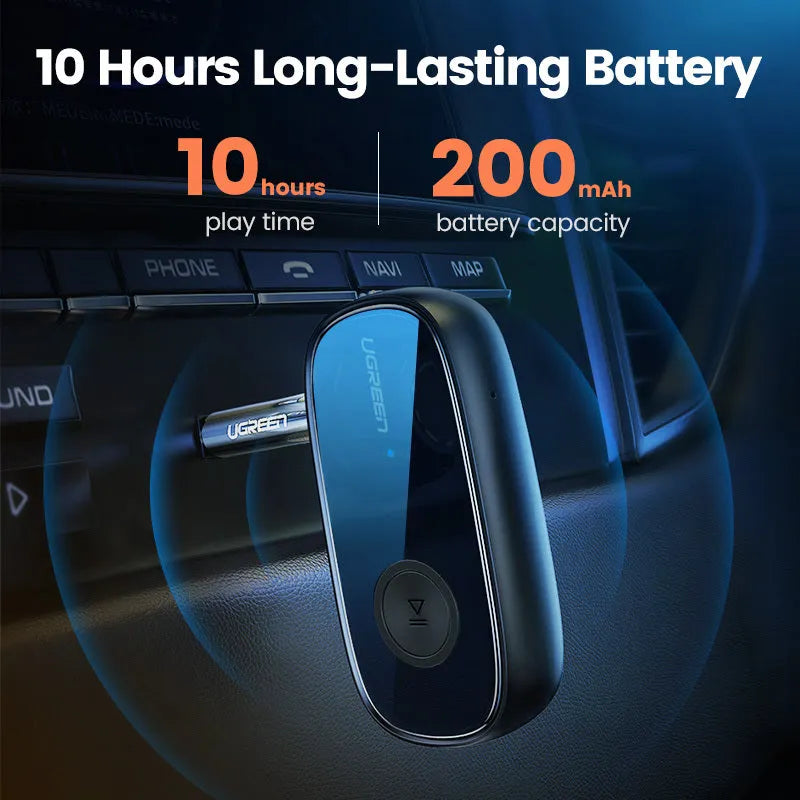 Car aux Bluetooth receiver with 3.5mm audio output and USB charging, Bluetooth 5.0, aptX support