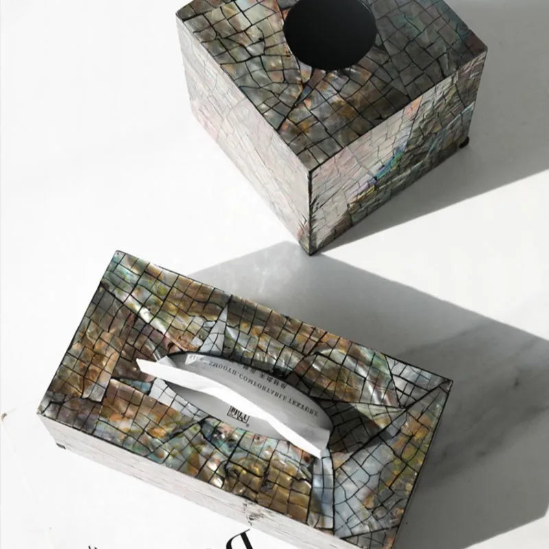 Black natural shell storage box with removable divider, shown in rectangular and square shape options.