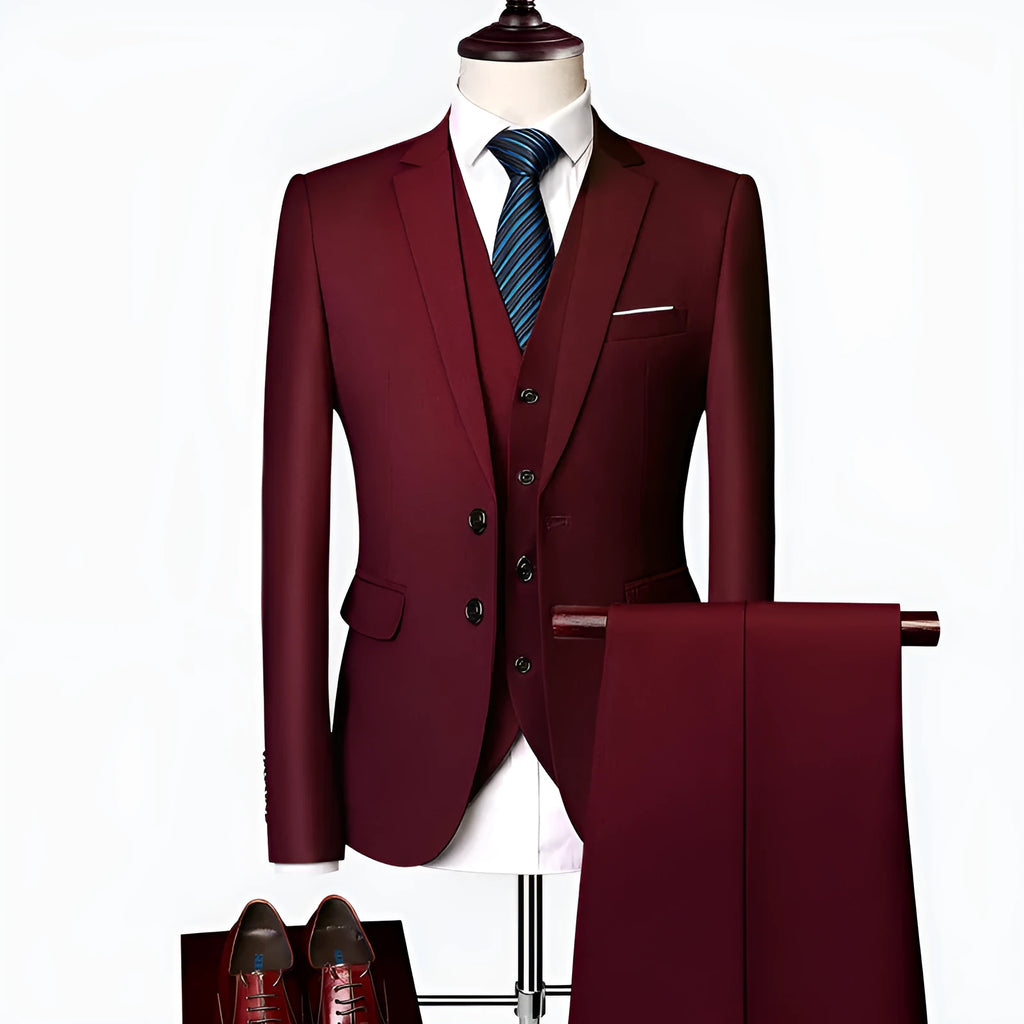 Men's three-piece slim-fit suit set showing jacket, trousers, and waistcoat in multicolour options including black, grey, and navy