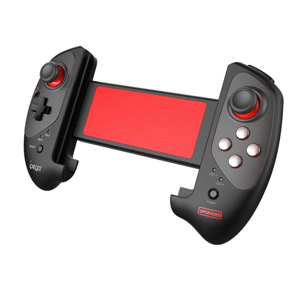 Red telescopic Bluetooth gamepad controller extended with a phone clipped in the centre.