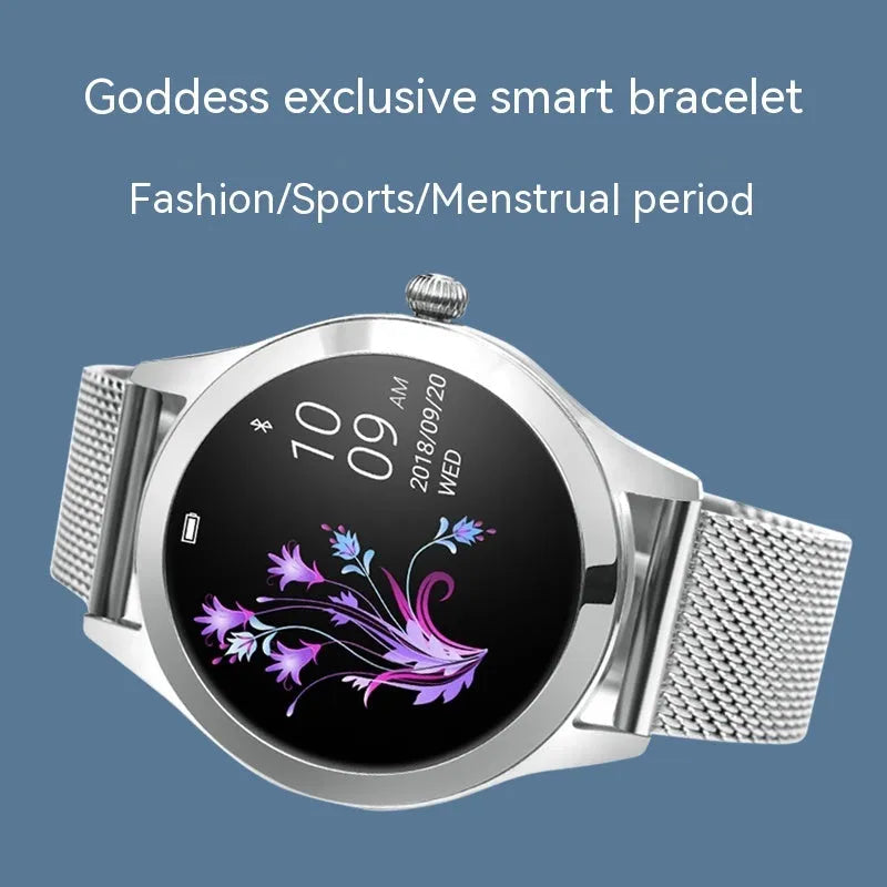 Women's multi-functional smartwatch with heart rate monitoring in black, rose gold, silver, or white colour options