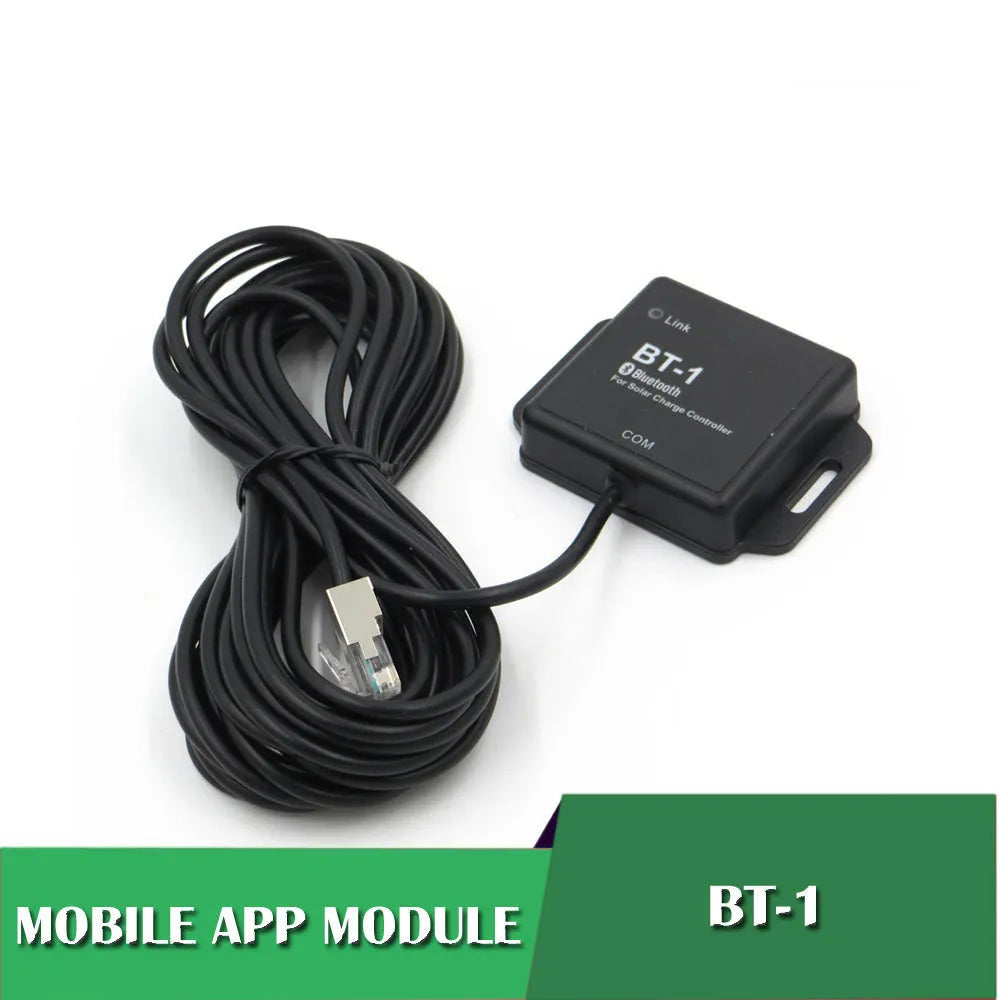 BT-1 model solar charge controller with Bluetooth module for 12V 24V battery systems.