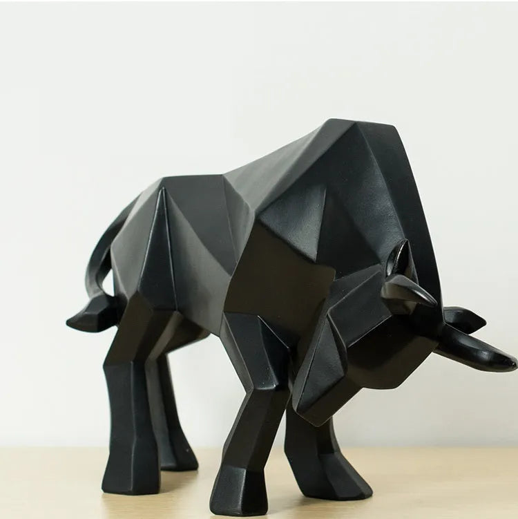 Black geometric resin bull sculpture, abstract bison statue for office or home decor, 35cm long