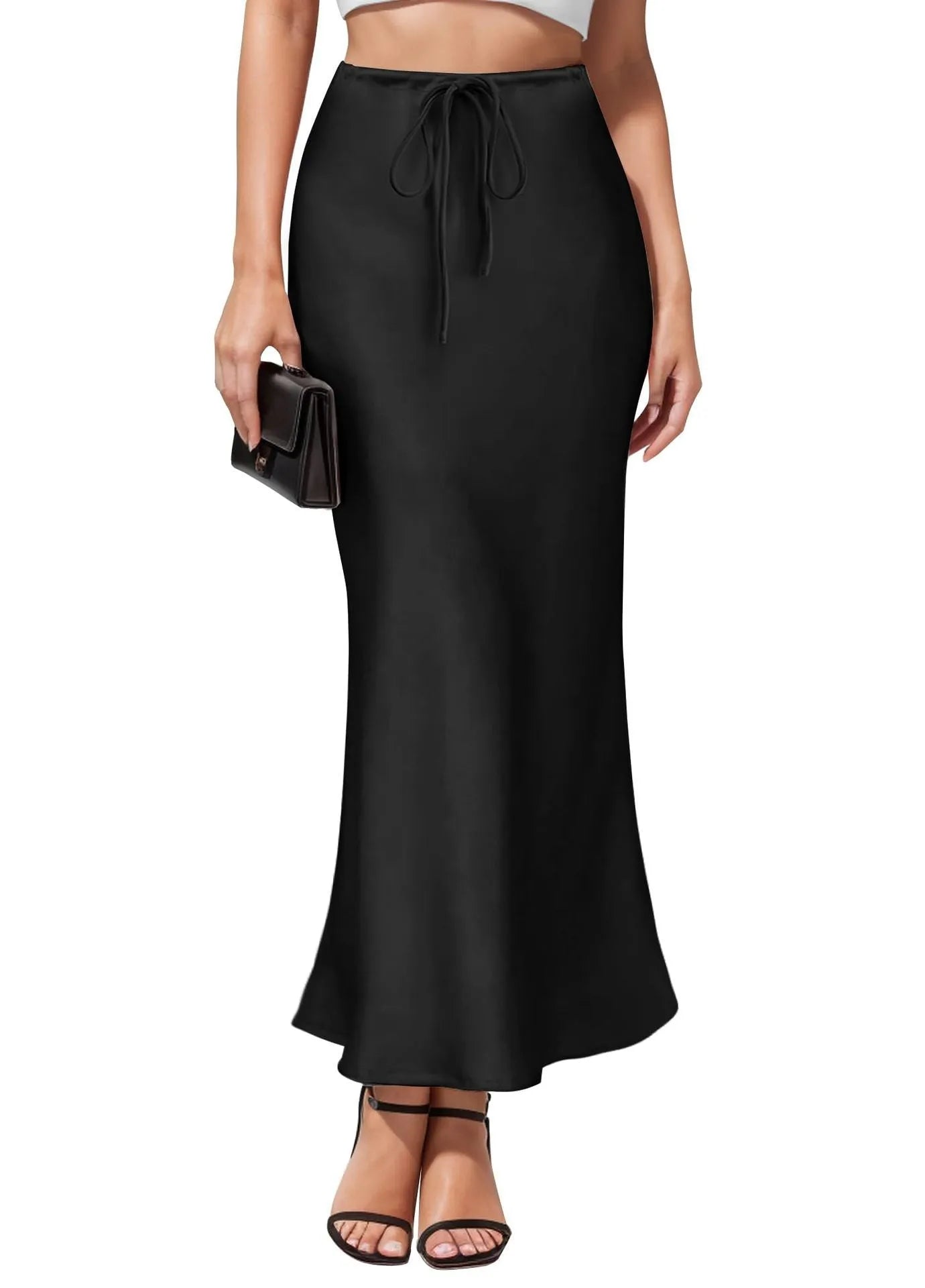 Asymmetric high-waisted acetate satin skirt in a solid colour with irregular stitching detail