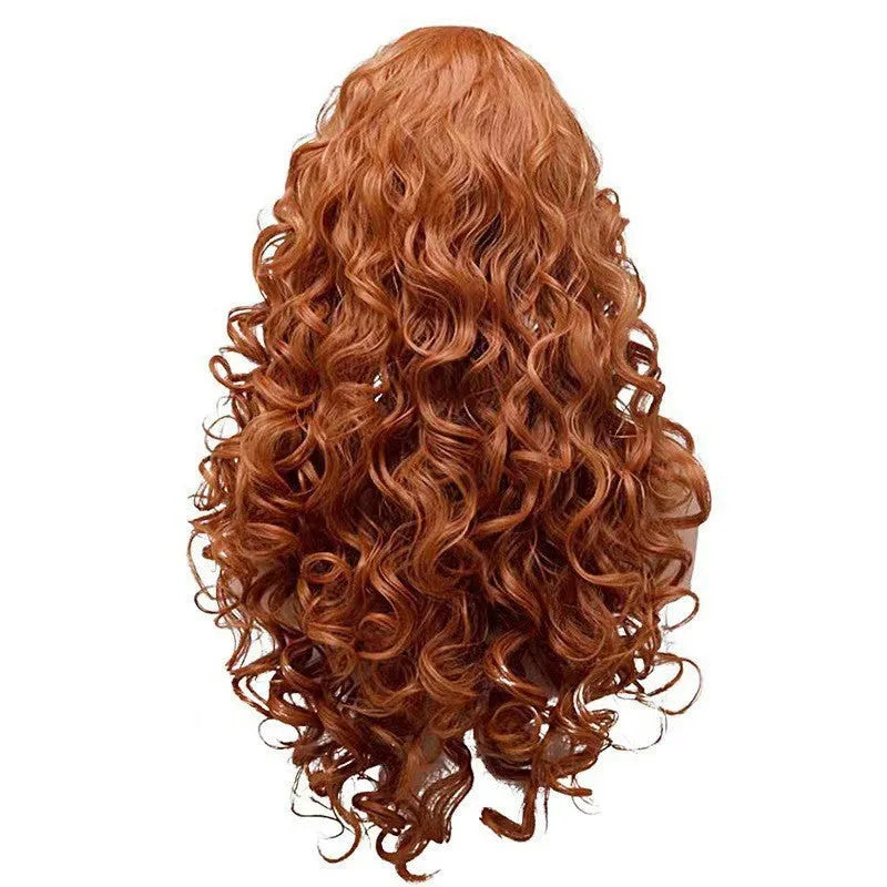 Brown long wavy curly wig made of high temperature fiber with fluffy natural body texture