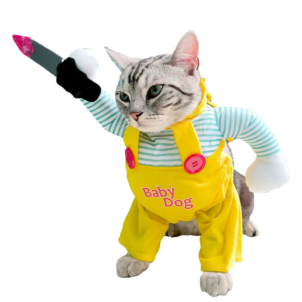 Yellow knife assassin themed polyester costume clothing for a cat.