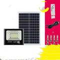 Black solar-powered LED flood light for outdoor garden and security use.