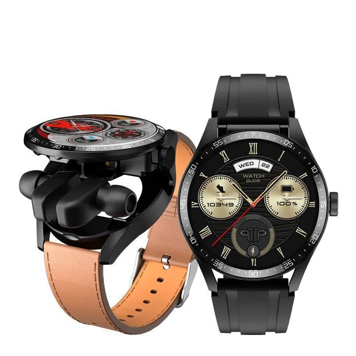 Black 2-in-1 Bluetooth headset smart watch with touch button, leather silicone or steel belt silicone strap options