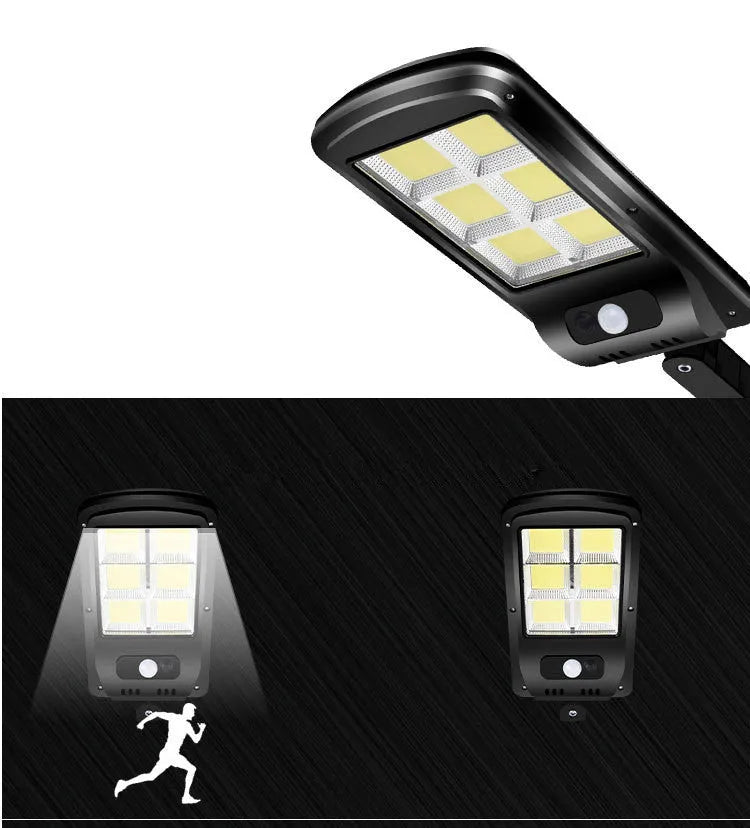Black solar-powered motion sensor street light for outdoor garden and driveway security lighting