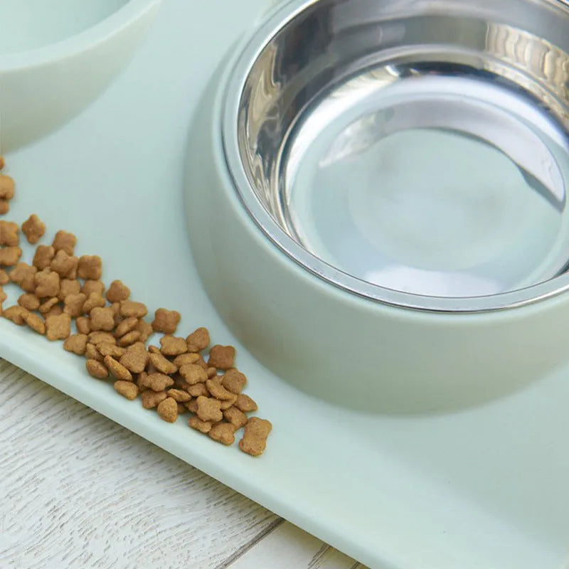 Stainless steel pet double bowl with PP raw material, medium 14.2 x 4 cm inner bowl, green pink blue options