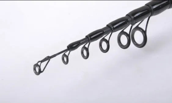 Telescopic carbon fishing rod with matte coating, inline guide rings, and choice of gun handle or straight handle in multiple lengths