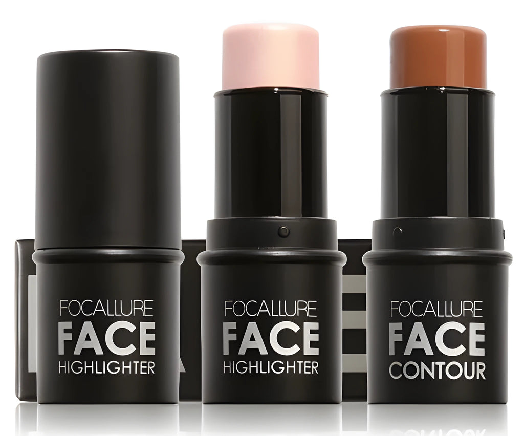 Pressed powder face contour highlighter compact showing four shade options labelled A, B, C, D