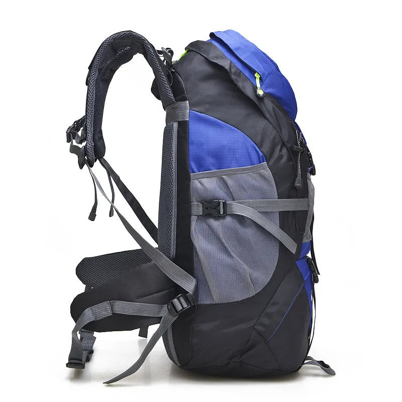 50L foldable outdoor backpack in nylon with waterproof function, adjustable straps and breathable back pad, shown in available colours.