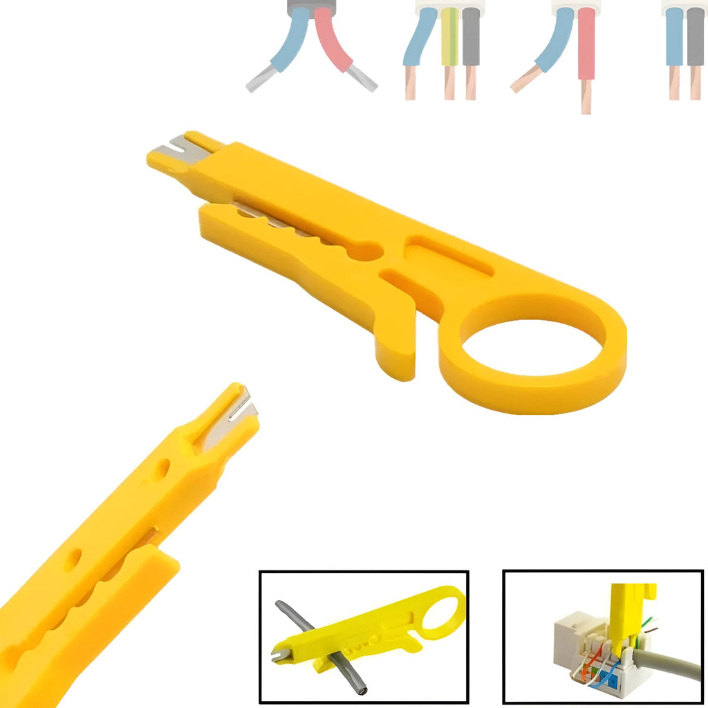 Yellow portable wire stripper tool showing 0.6mm stripping jaws and rubber plastic body.