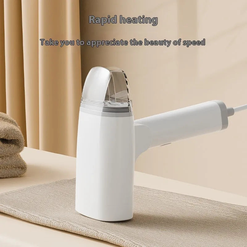 Handheld garment steamer in white or blue with compact design and water tank