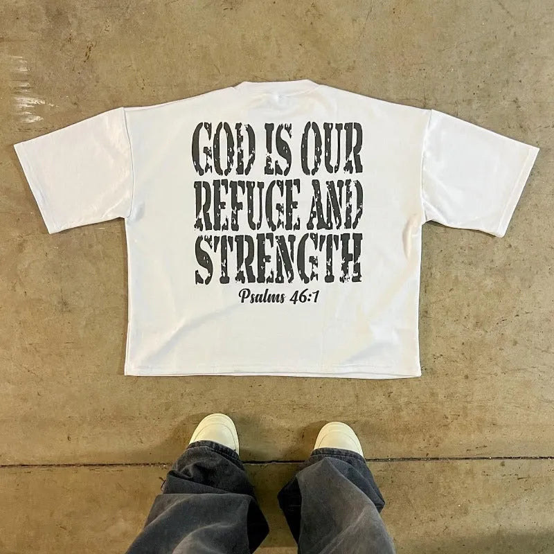Printed cotton short sleeve t-shirt with retro street style design and drop-shoulder sleeves