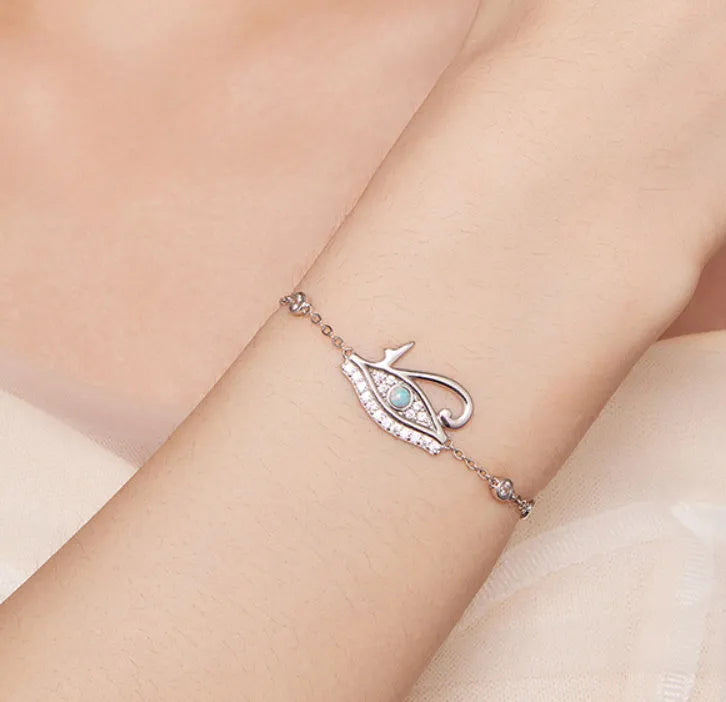 Silver Horus eye bracelet with opal detail, electroplated 925 silver women's bracelet