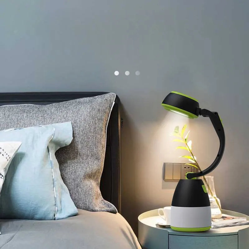 Black green multifunctional LED table lamp with adjustable light head showing three brightness modes