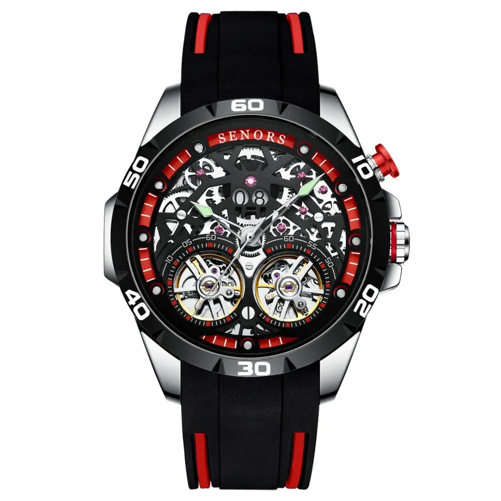 Automatic mechanical men's watch with hollow skeleton dial showing movement components, luminous markers, 14mm thickness case